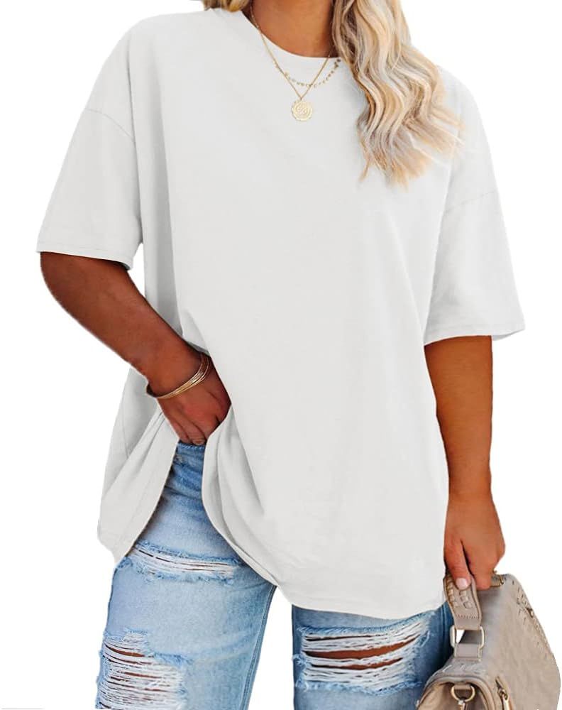 Fisoew Women's Plus Size T Shirts Oversized Tees Summer Half Sleeve Crew Neck Tunic Tops | Amazon (US)
