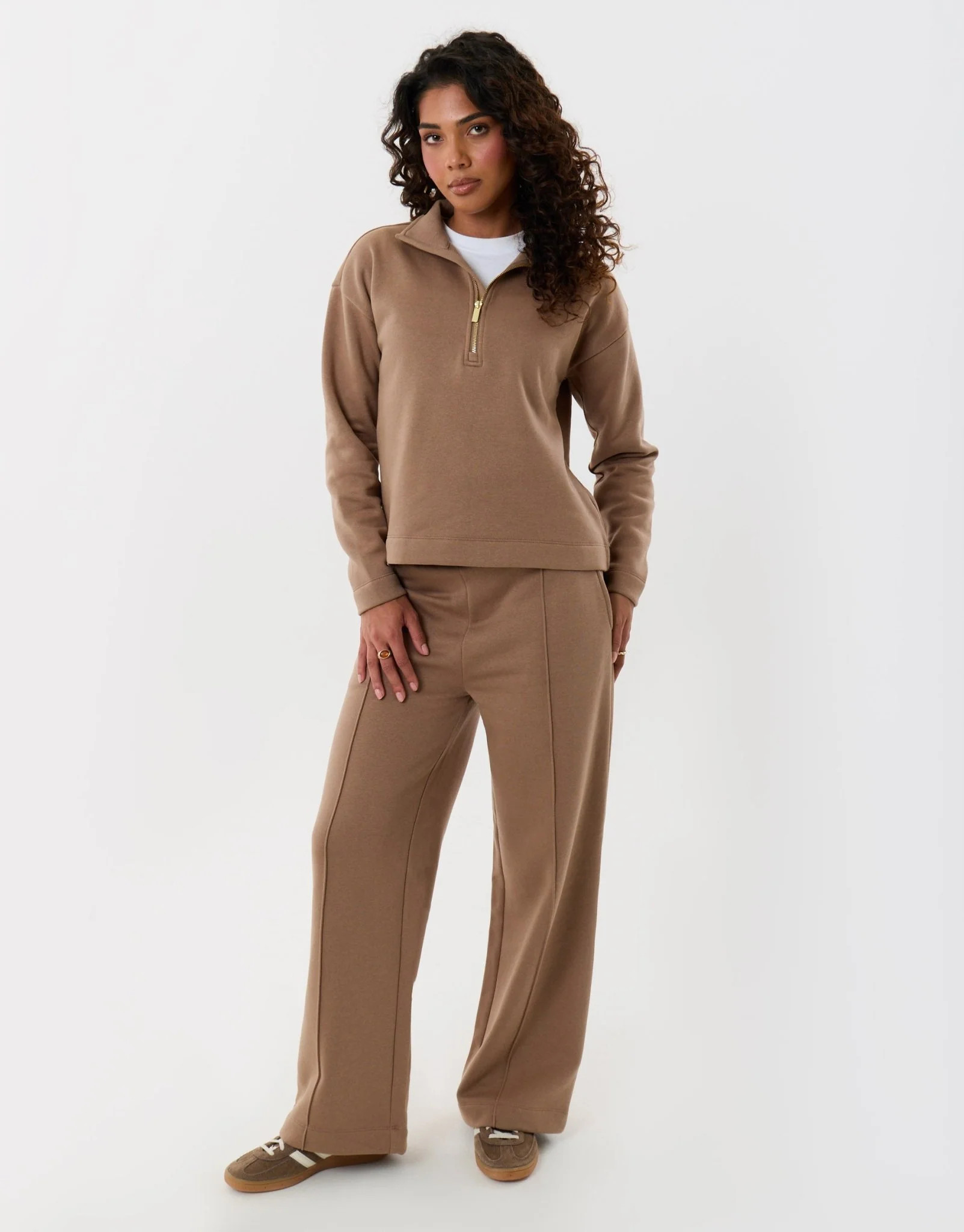 Funnel Neck Wide Leg Sweat Set in Mink Brown | Threadbare UK