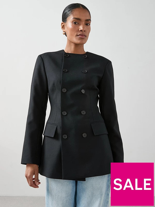 The Very Collection Structured Round Neck Double Breasted Blazer - Black | Very (UK)