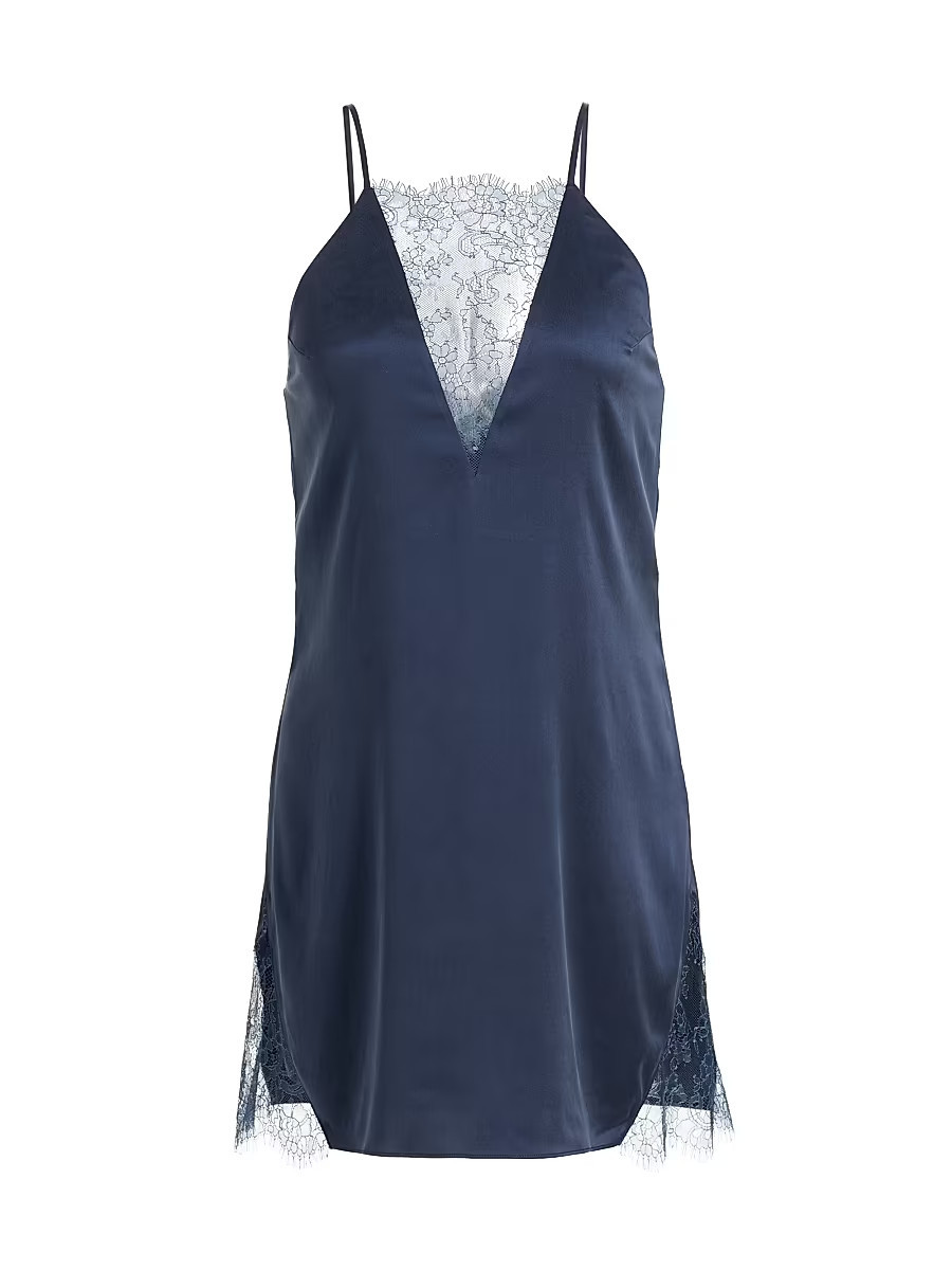 Women's Washable Silk Lace Plunge Minidress - Deep Blue - Size Medium | Saks Fifth Avenue