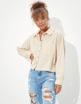 AE Corduroy Cropped Button Up Shirt | American Eagle Outfitters (US & CA)