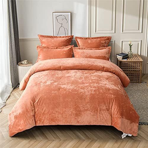 Fredsure Distressed Velvet Comforter Set, 5 Pieces Coral King, Distressed Velvet Face and Brushed... | Amazon (US)