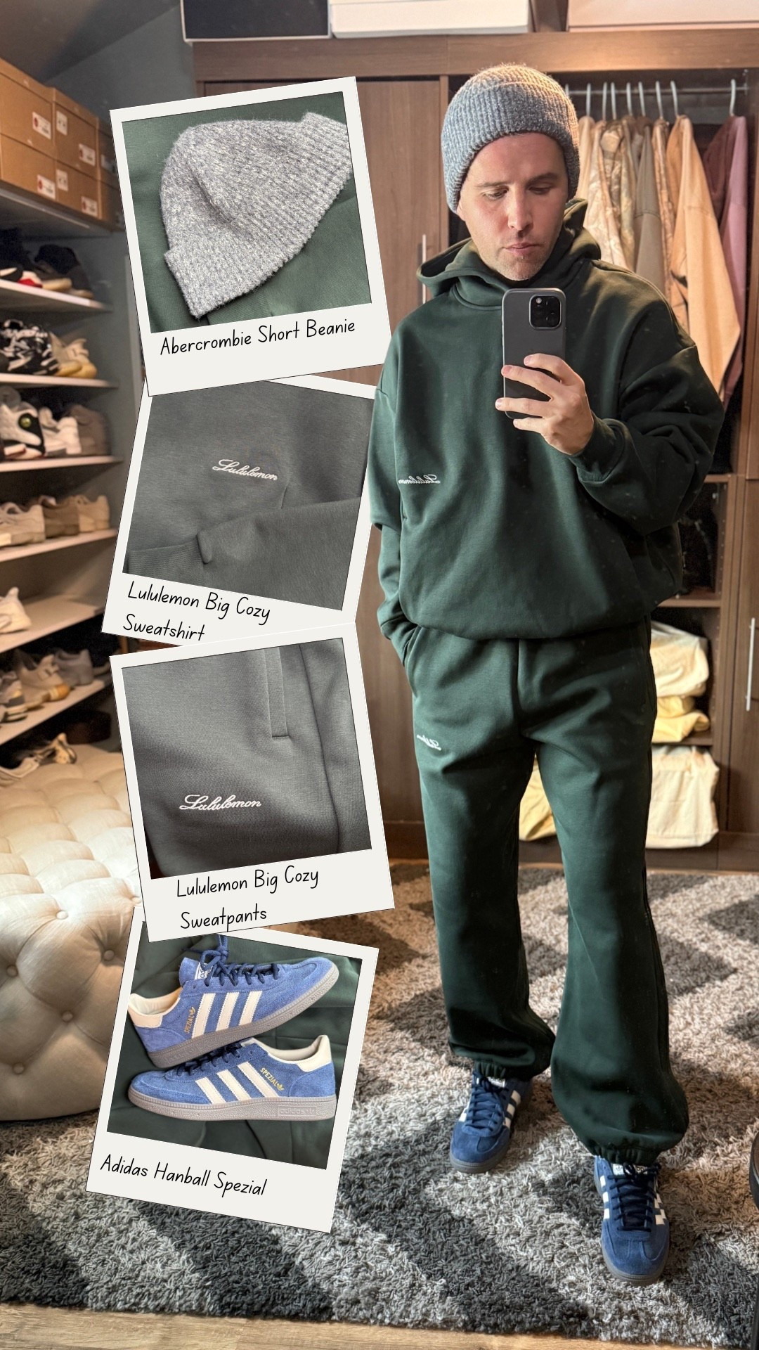 Men’s athleisure outfit idea. Perfect for this rainy day, Wearing the Lululemon Big Cozy sweatshirt and Lululemon Big Cozy sweatpants in green, styled with an Abercrombie short beanie and Adidas Handball Spezial sneakers.
Can’t go wrong with a relaxed fit sweatpant, oversized hoodie, matching joggers, and classic Adidas sneakers for a casual everyday outfit. I am usually against these polyester sweatsuits but it washed well and the cotton inside is cozy. #sweatsuit #lululemon #lululemonmen #adidas

#LTKMens #LTKActive #LTKdayinmylife