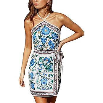 CUPSHE Women's Summer Dresses Floral Boho Halter Crisscross Backless Wrap Beach Vacation Smocked ... | Amazon (US)