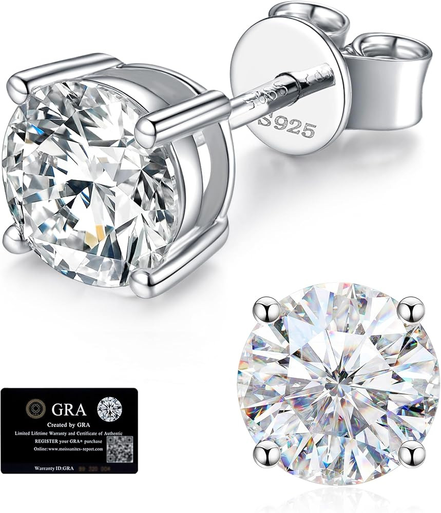 Moissanite Stud Earrings for Women, 925 Sterling Silver Earrings, 18K White Gold Plating earrings... | Amazon (US)