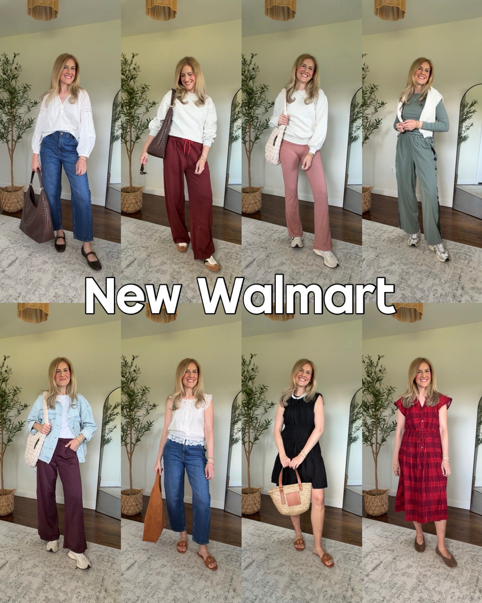 8 new Walmart outfit ideas for late summer into fall! Long sleeve white top sz S, barrel jeans tts S, crewneck sz M, wide leg fleece pants sz M, flare legging sz M, green tee and wide leg pants sz M, wide leg butter core pants sz S, lace trim top sz M, black dress sz L, red midi dress sz M #walmartfashion

#LTKOver40