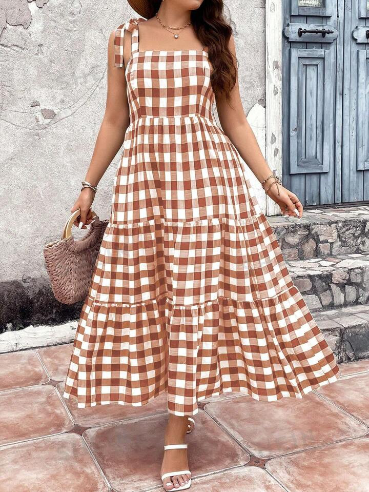 SHEIN VCAY Plus Gingham Print Tie Shoulder Ruffle Hem Cami Dress | SHEIN