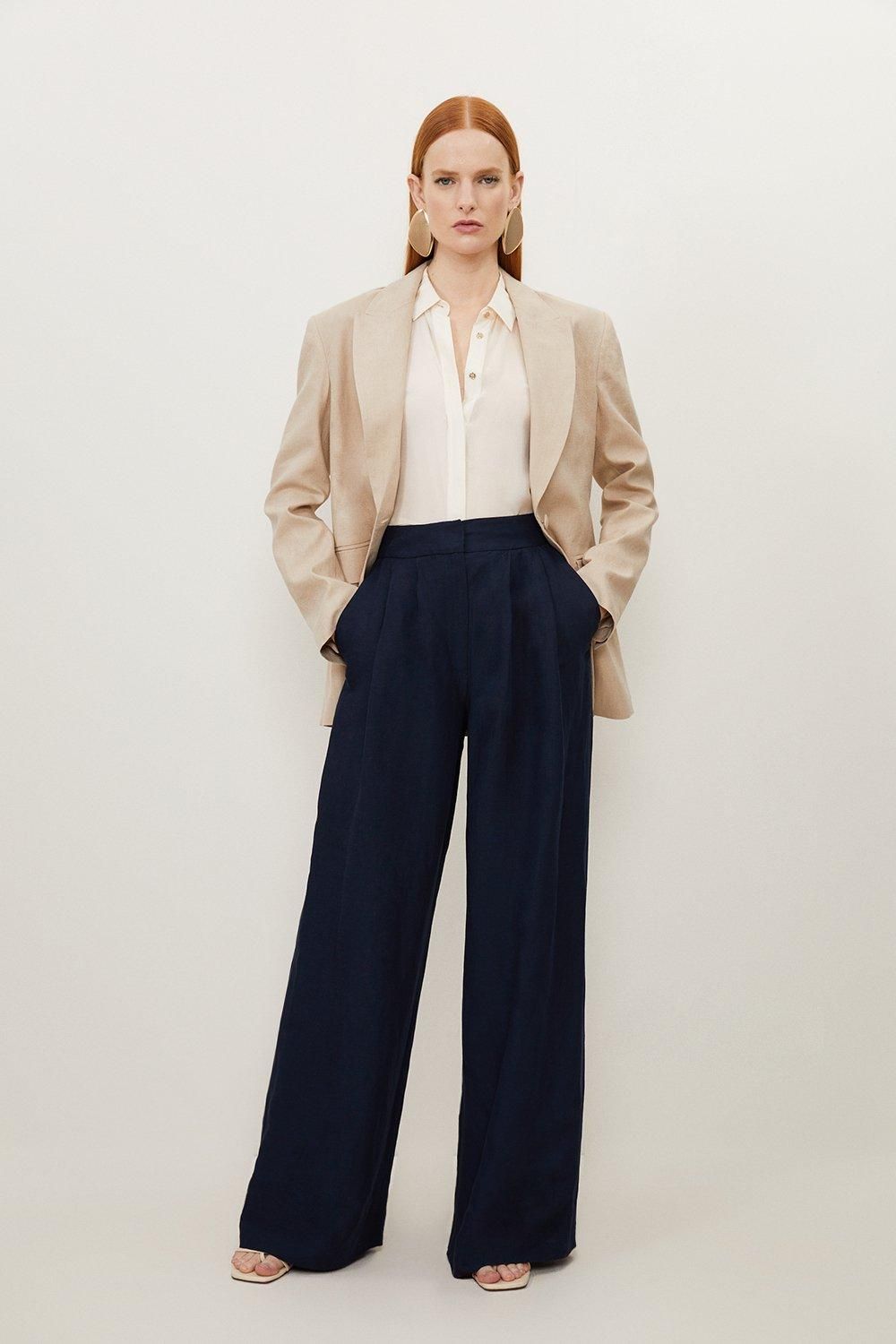 Premium Tailored Linen Pleated Wide Leg Trouser | Karen Millen US