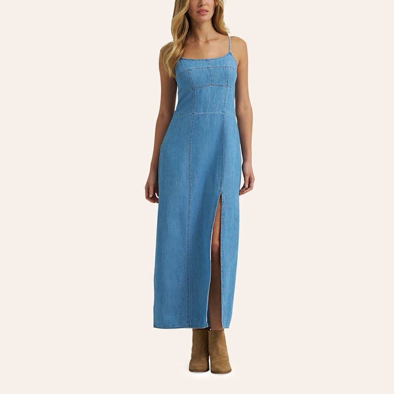Wrangler Women's Light Wash Seamed Slit Denim Maxi Dress | Cavender's