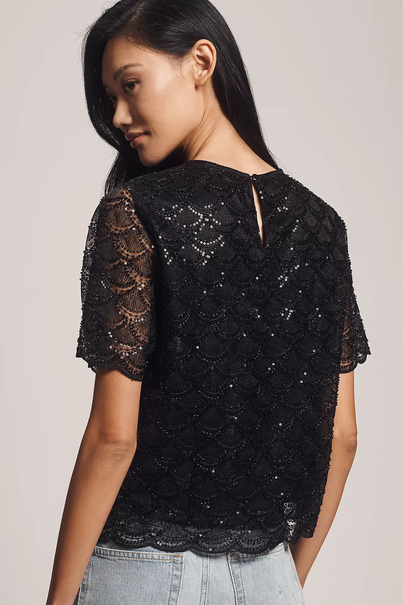 Blue Tassel Short-Sleeve Sequin Lace Top | Anthropologie (US)