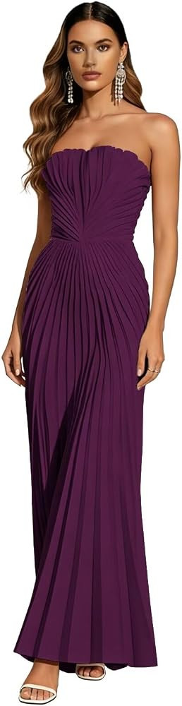 Pleated Chiffon Floral Bridesmaid Dress Strapless Ruffle Prom Dresses | Amazon (US)