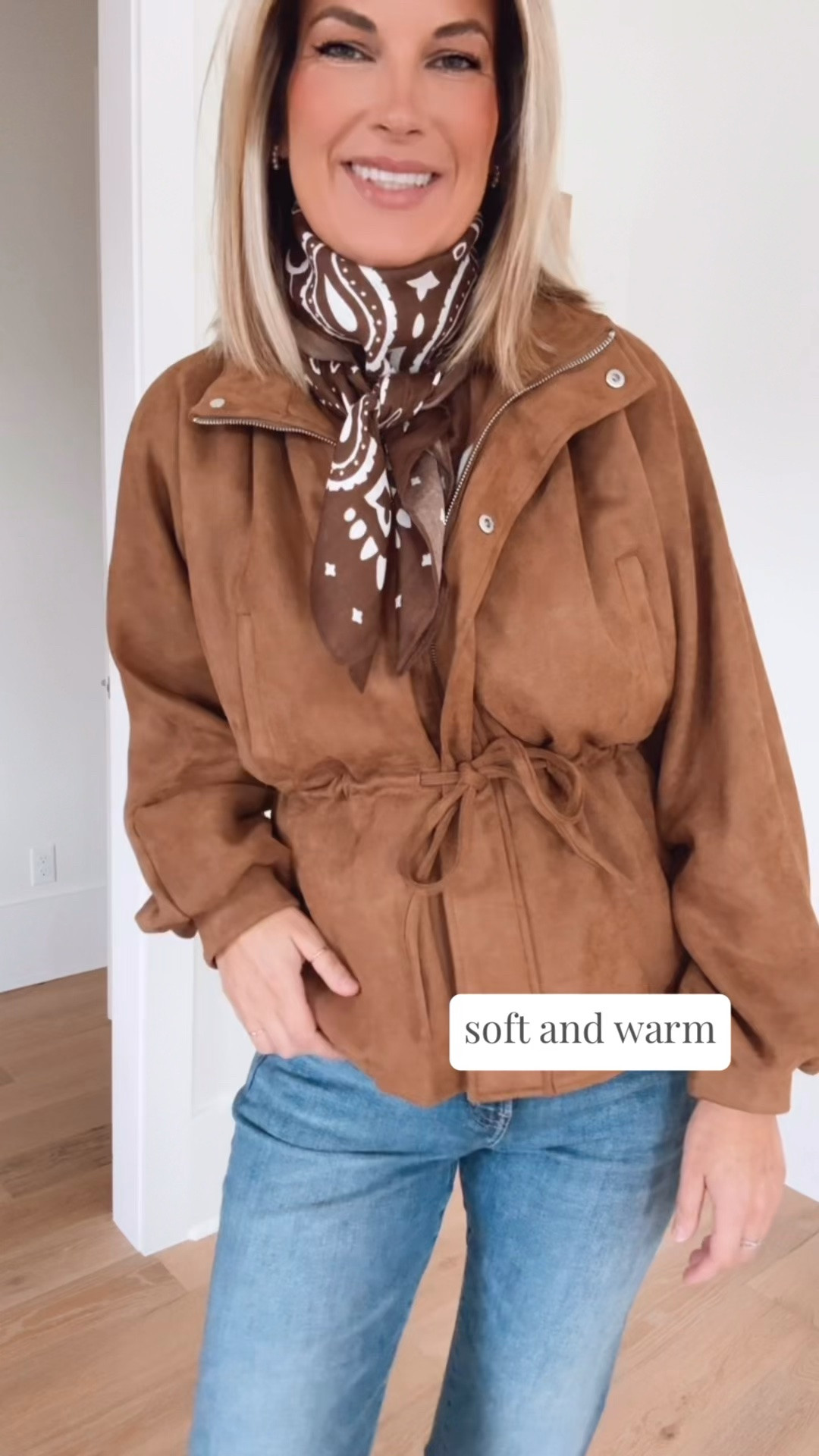 Small jacket. 27 tall jeans. Bandana definitely has a “save” feel. Mules true to size.