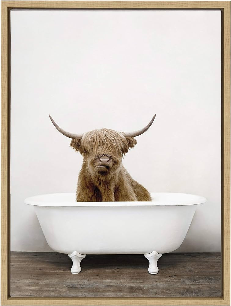 Kate and Laurel Sylvie Highland Cow in Tub Color Framed Canvas Wall Art by Amy Peterson, 18x24 Na... | Amazon (US)