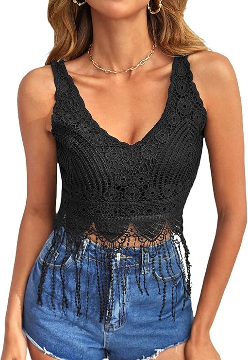 Verdusa Women's Guipure Lace Fringe Hem V Neck Sleeveless Crop Tank Top | Amazon (US)