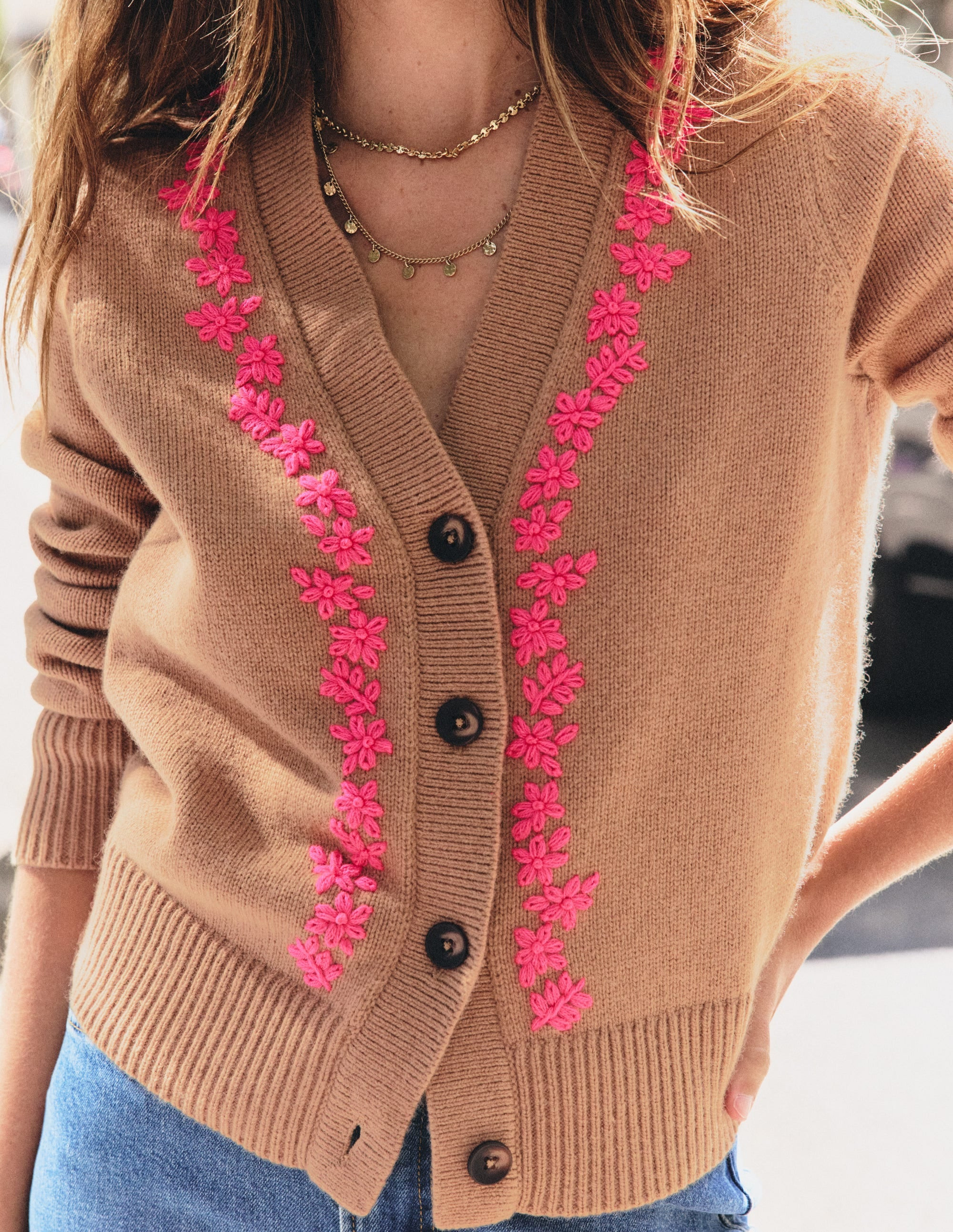 Ella Embroidered Knit Cardigan-Camel, Embroidery | Boden (US)