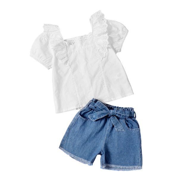 4T Baby Girl Clothes Baby Girl 2PCS Outfits Short Sleeve Square Neckline Tops Jeans Shorts Set 4-... | Walmart (US)