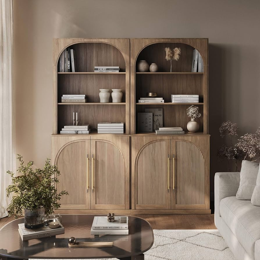 BELLEZE Set of 2 Tall Arched Storage Cabinet with Hutch, Freestanding Display Shelf with Fluted D... | Amazon (US)