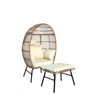 2-Piece Brown Wicker Outdoor Lounge Chair with Beige Cushions, Footstool | The Home Depot