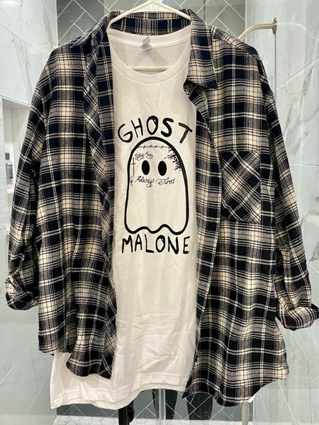 Ghost Malone T-shirt and oversized wild fable flannel from Target. Shirt is unisex TTS and flannel is oversized. I sized down to a medium in the flannel. 

#LTKCon #LTKSeasonal #LTKHalloween