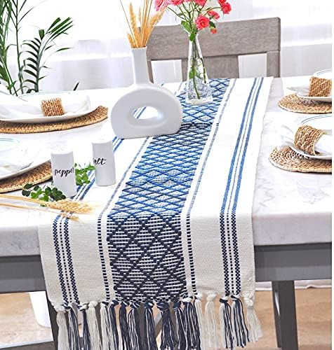Oveesha Boho Table Runner with Tassel 14 x 72 Inches, Blue & Cream/ Woven Washable Dresser Runner an | Amazon (US)