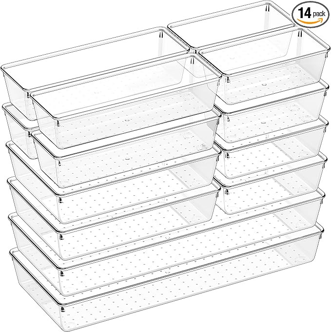 Criusia 14 PCS Clear Plastic Drawer Organizer Set - 5 Large Size Versatile Kitchen and Bathroom O... | Amazon (US)