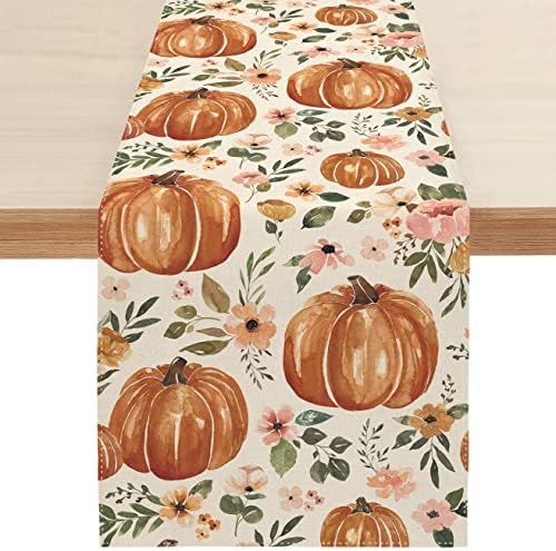 Sambosk Fall Pumpkin Table Runner, Autumn Thanksgiving Floral Table Runners for Kitchen Dining Co... | Amazon (US)