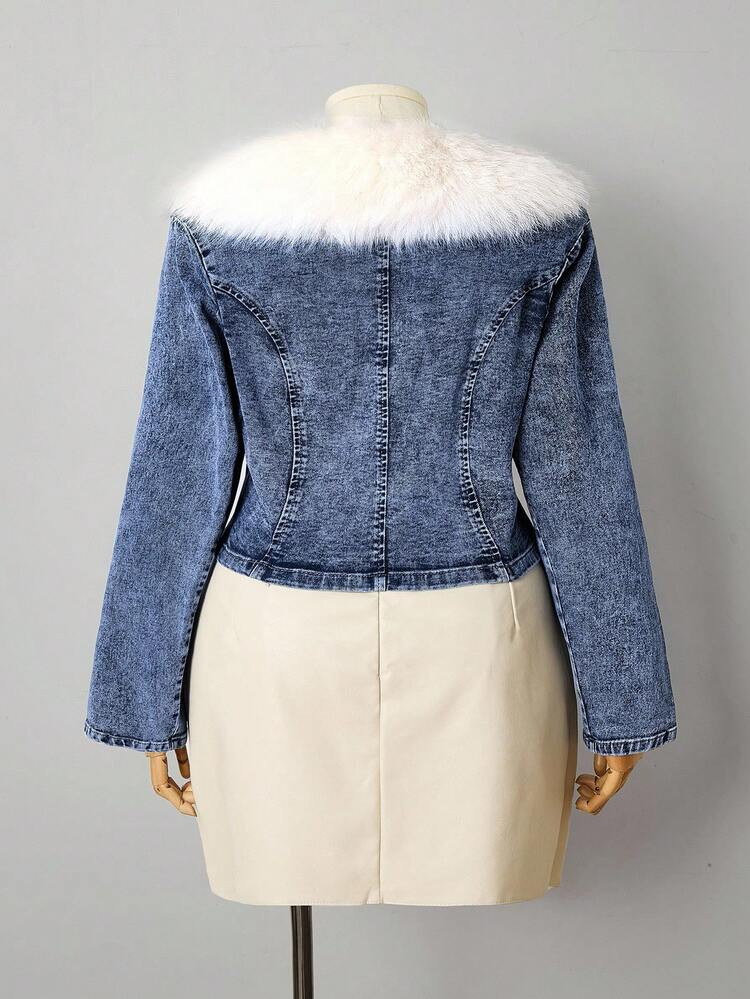 Sunspun Plus Size Women's Denim Jacket, Washed Blue Faux Fur Collar Long Sleeve Denim Coat | SHEIN