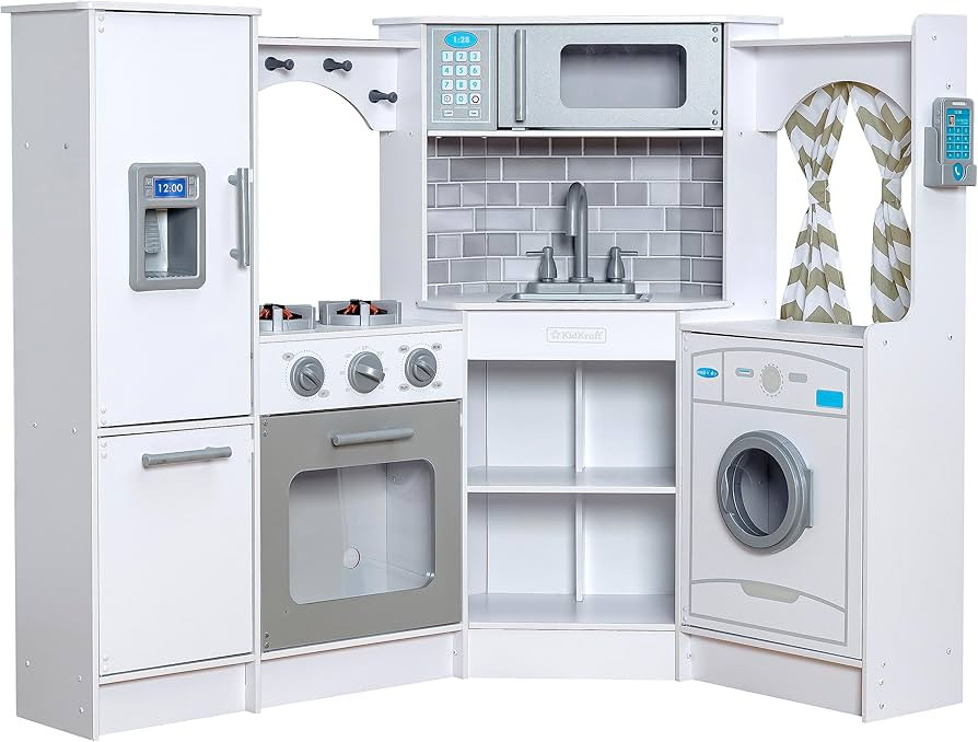 KidKraft Ultimate Corner Wooden Play Kitchen with Lights & Sounds, Play Phone and Curtains, White | Amazon (US)