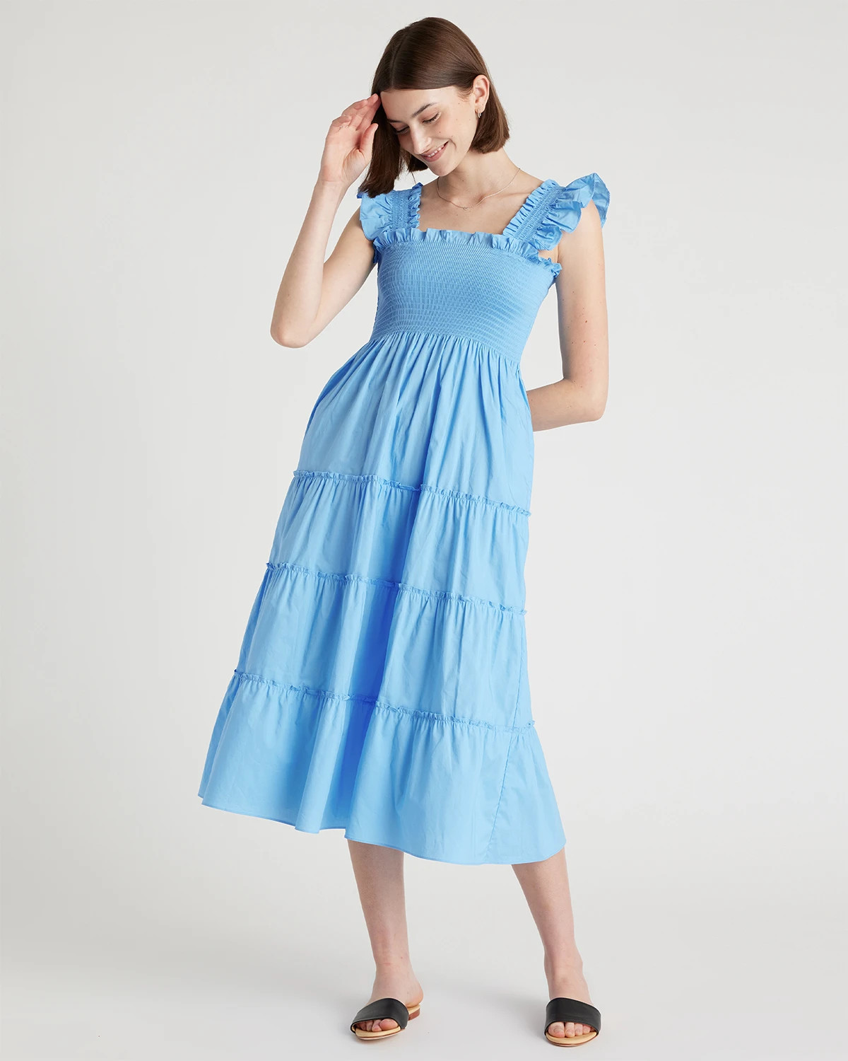 Quince | Women's Poplin Smocked Midi Dress in Navy, Size Large, Organic Cotton | Quince