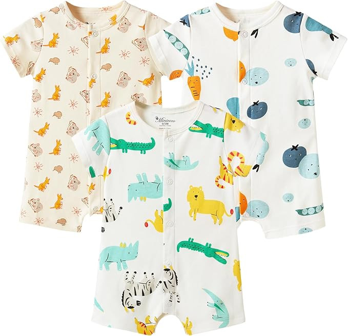 Baby Boy 3-Pack 100% Cotton Short Sleeve Rompers-Breathable One-Piece Jumpsuits with Animal Theme... | Amazon (US)