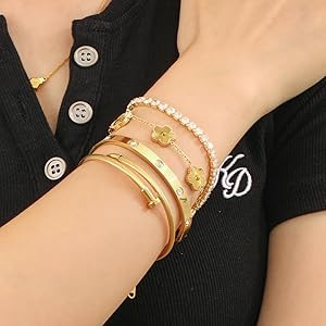 18K Gold Plated Womens Stackable Floral Bracelets Set,Twisted Cable Bangle,Trendy Jewelry,Waterpr... | Amazon (US)