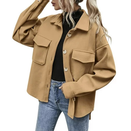 BOBOGOJP Women s Fashion Cropped Shacket Button Down Corduroy Shacket Jackets Casual Plaid Long Sleeve Crop Jackets Tops (Khaki M) | Walmart (US)