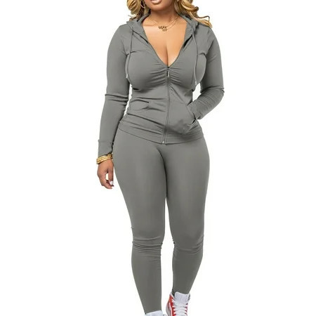 Women Two Piece Outfits Workout Sets Bodycon Tracksuit Long Sleeve Zip Up Hoodie Jacket Jogger Matching Sweat Pants Set | Walmart (US)