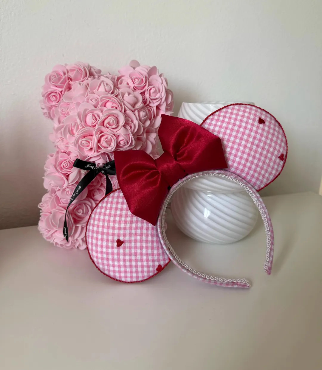 Sweetheart Minnie Ears, Pink Gingham & Red Bow, Handmade | Etsy (US)