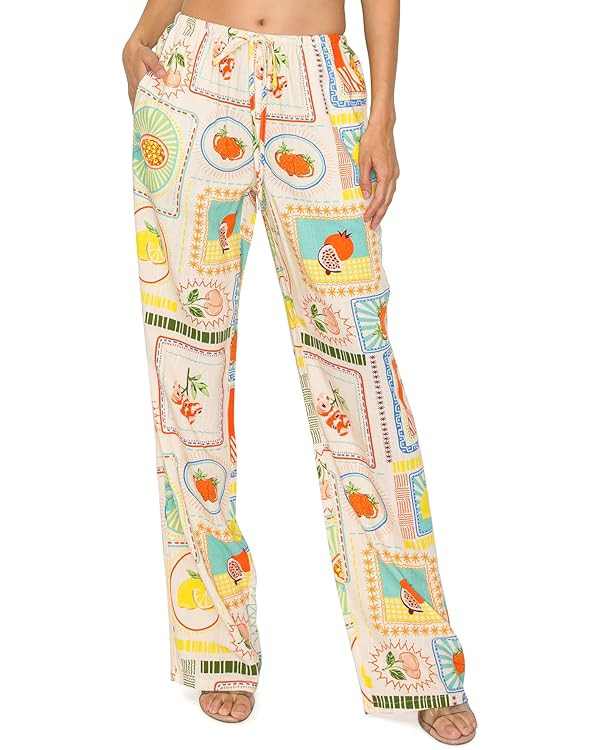 Cali1850 Women's Printed Linen Pants - 30" Inseam Drawstring Elastic Waist Casual Pull On Beach L... | Amazon (US)