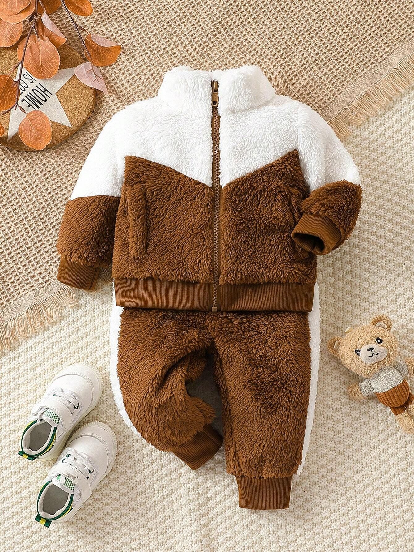 SHEIN Baby Boy Two Tone Zip Up Fluffy Jacket & Pants | SHEIN