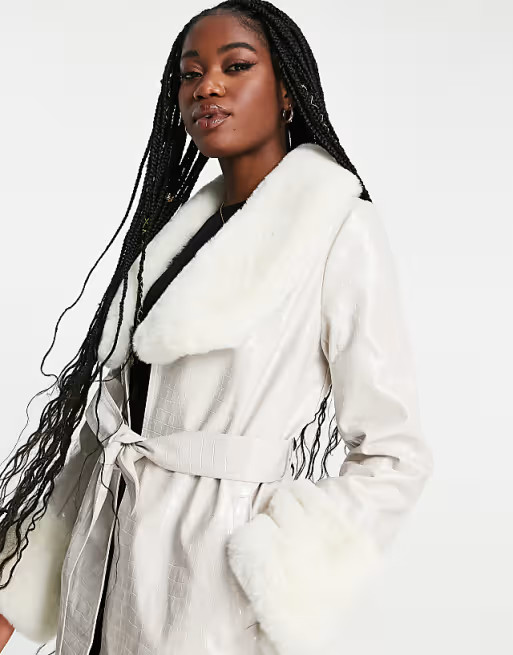 Miss Selfridge faux fur trim cuff and collar faux leather belted coat | ASOS (Global)