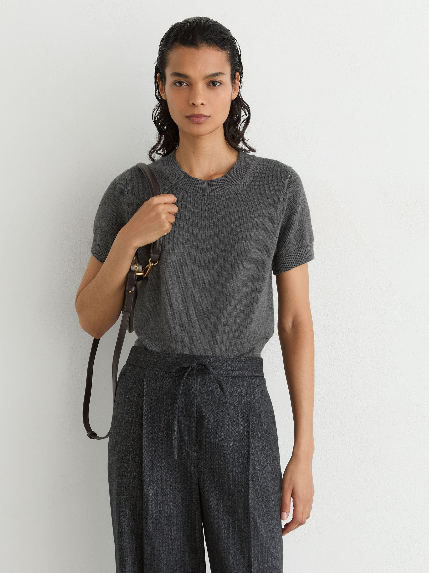 Reiss Cotton and Wool Short-Sleeve Knit Top in Grey - REISS | Reiss UK
