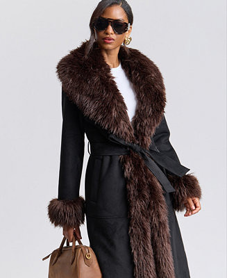 Women's Faux-Fur-Shawl-Collar Faux-Shearling Coat | Macy's