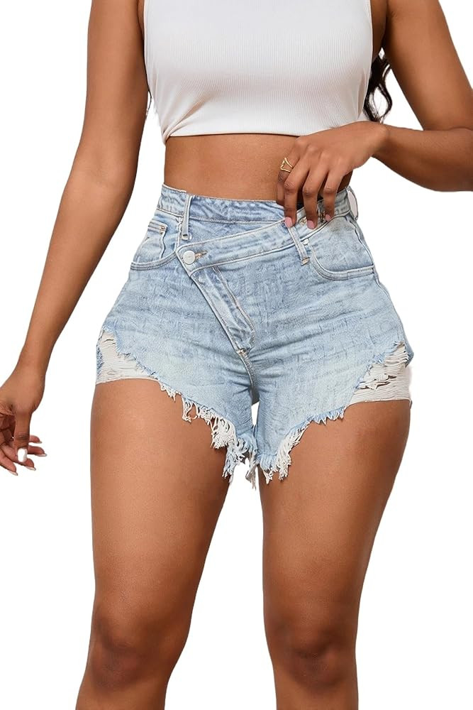 PINSV Women's High Waisted Crossover Jean Shorts Ripped Raw Hem Summer Hot Denim Shorts Light Blu... | Amazon (US)