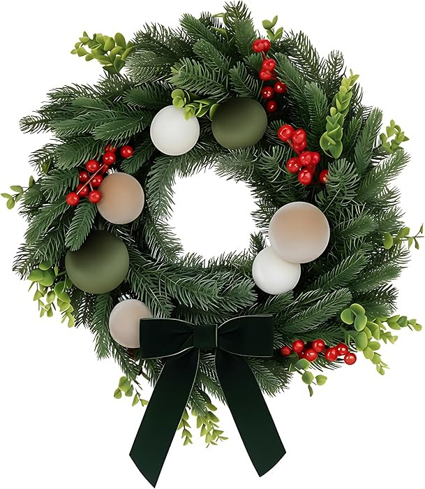 20 Inch Christmas Wreath with Bow Neutral Artificial Holiday Wreath with Velvet Balls Pine Cones ... | Amazon (US)