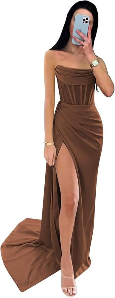 Strapless Mermaid Prom Dresses with Slit for Women Satin Ball Gown Long Ruched Corset Formal Even... | Amazon (US)