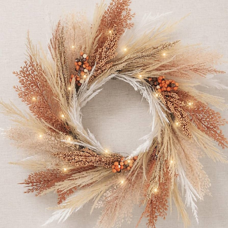 DecorbyHannah 18'' Neutral Fall Pampas Wreath with Lights for Front Door | Amazon (US)