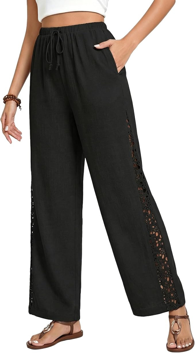 GRAPENT Linen Pants Women Wide Leg High Waisted Crochet Panel Pull On Elastic Waist Casual Summer... | Amazon (US)