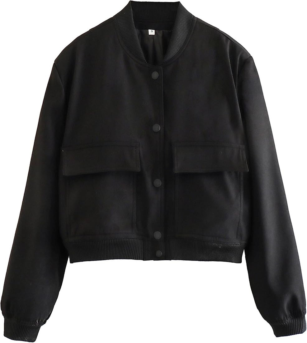 Faleave Women's Cropped Bomber Jacket Casual Street Button Down Varsity Jacket with Two Big Pocke... | Amazon (US)