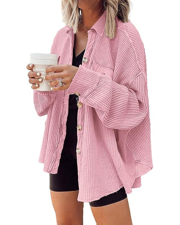 Nirovien Womens Waffle Knit Shirt Jacket Oversized Button Down Shacket Batwing Sleeve Tops with P... | Amazon (US)