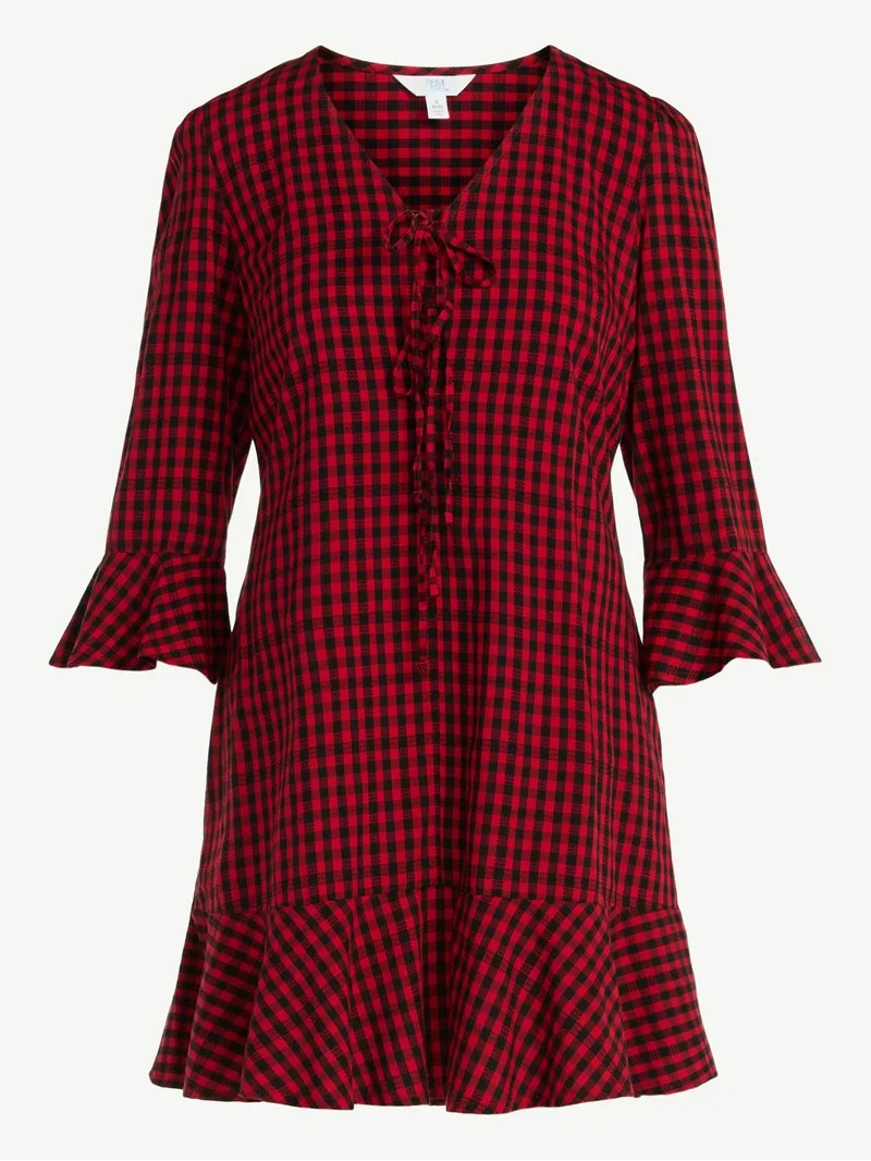 Time and Tru Women's Plaid Tie Front Mini Dress, Sizes XS-XXXL | Walmart (US)