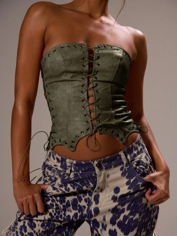 Faux Leather Tie Corset  | SHEIN