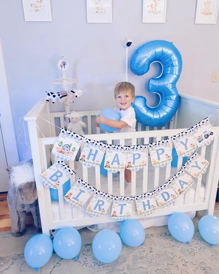 Happy happy birthday to our sweet THREE YEAR OLD Judson!! 🥳🎂🎈Oh how we love you so, sweet baby boy!!! Balloons in your crib, a farm-themed birthday banner, and an adorable tiny baby brother in the bassinet next to you… what a happy happy start to the day indeed!! 🥹🩵🧁🤱🎉👶🏼 #birthdaymorning #birthdaytraditions #happybirthday

#LTKBaby #LTKHome #LTKFamily