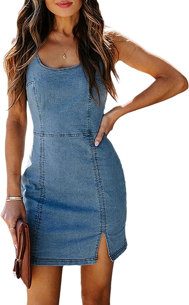 Womens Denim Dress Sexy Sleeveless Split Bodycon Mini Tube Jeans Short Dresses | Amazon (US)